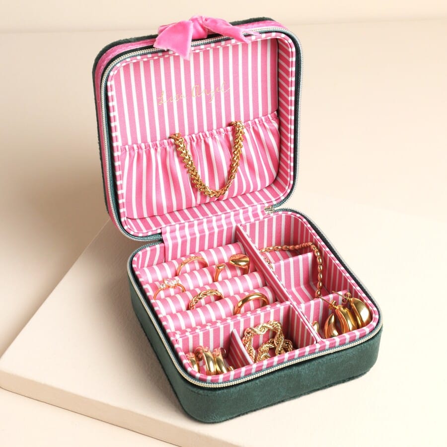 GIFT Green and Pink Velvet Bow Square Travel Jewelry