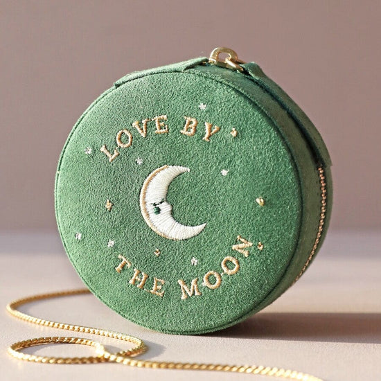 GIFT Green Sun and Moon Embroidered Round Jewelry Box