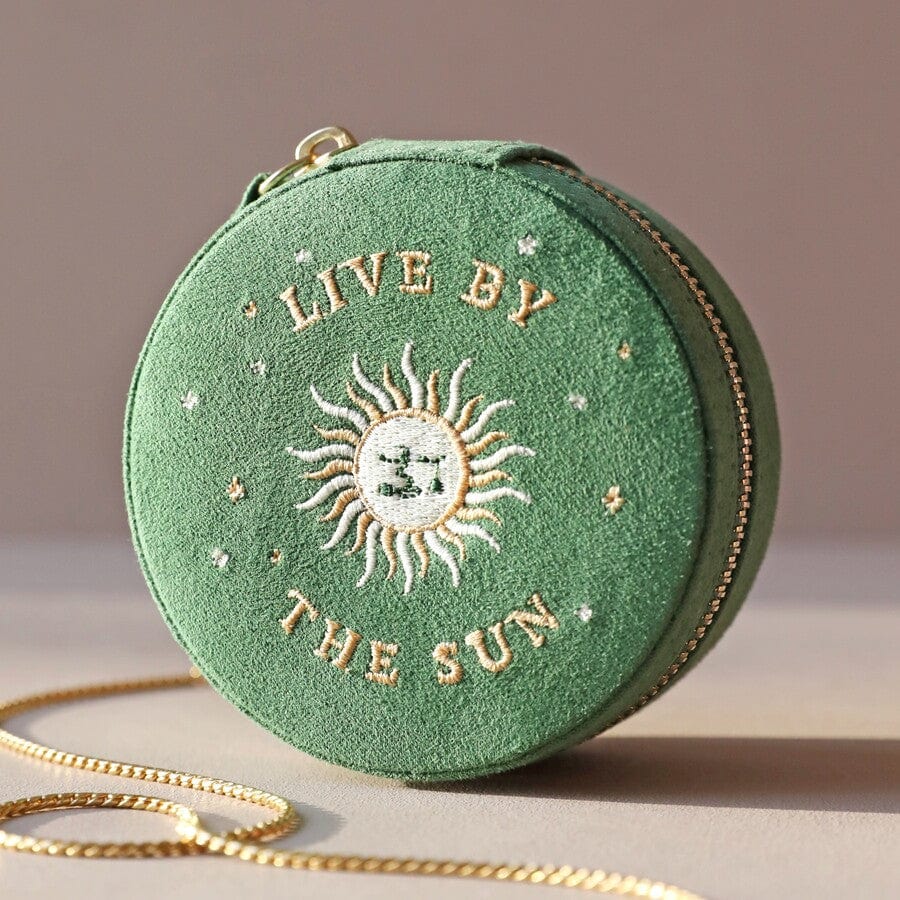 GIFT Green Sun and Moon Embroidered Round Jewelry Box