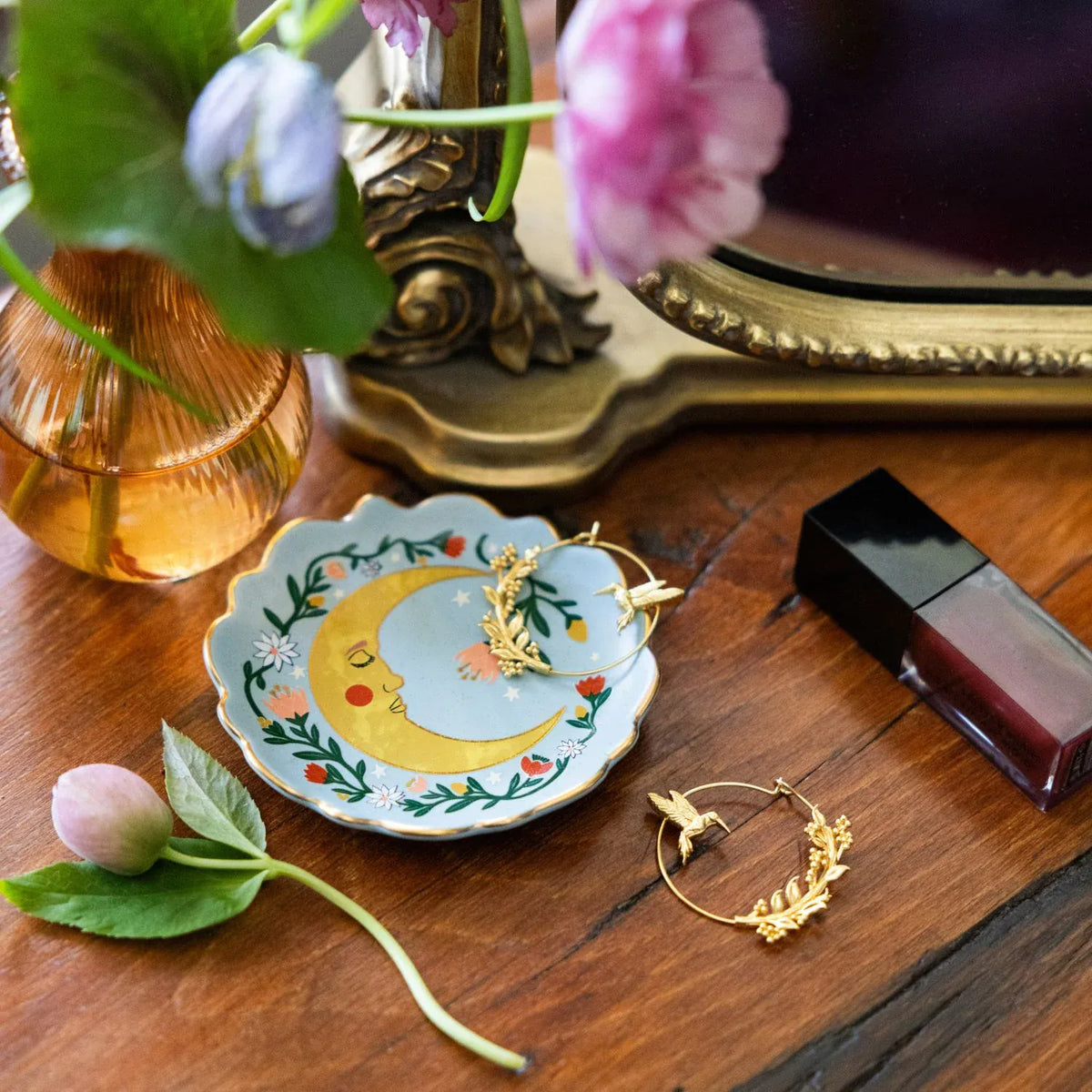 GIFT Jewelry Dish & Stud Earring Set - Flower Moon/Blue