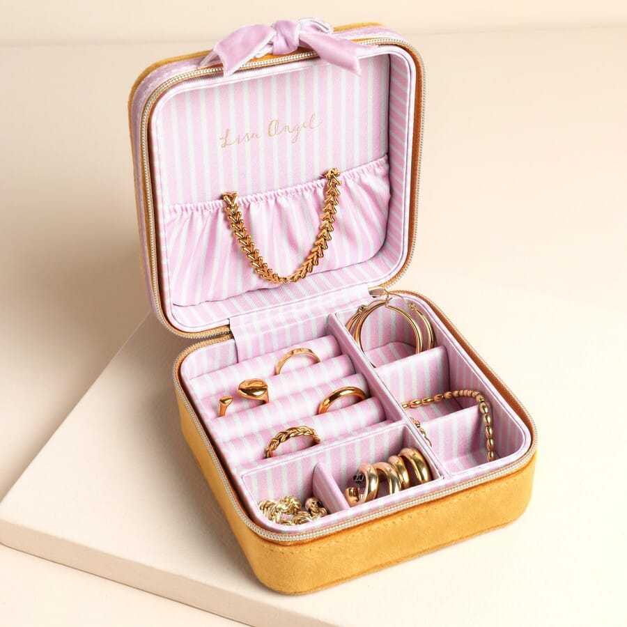 GIFT Mustard and Pink Velvet Bow Square Travel Jewelry