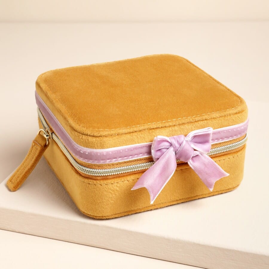 GIFT Mustard and Pink Velvet Bow Square Travel Jewelry