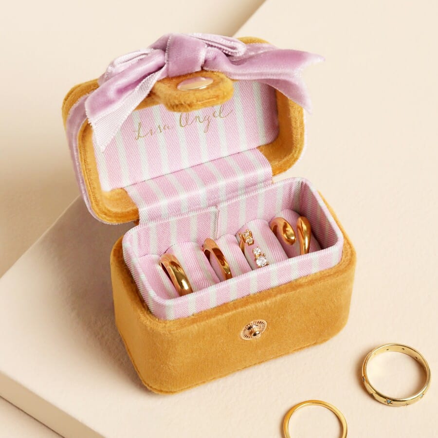 GIFT Mustard and Pink Velvet Bow Travel Ring Box