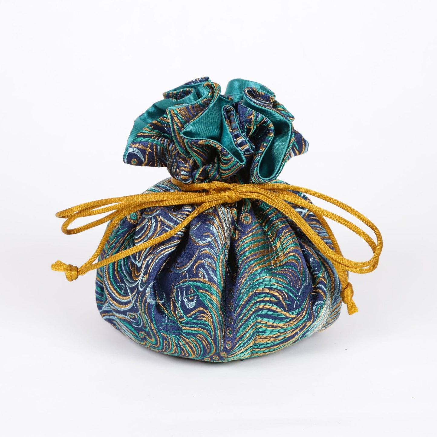 GIFT Navy & Gold Peacock Feather Brocade Jewelry Pouch
