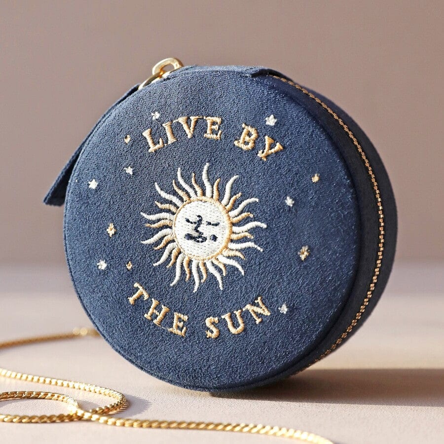 GIFT Navy Sun and Moon Embroidered Round Jewelry Box