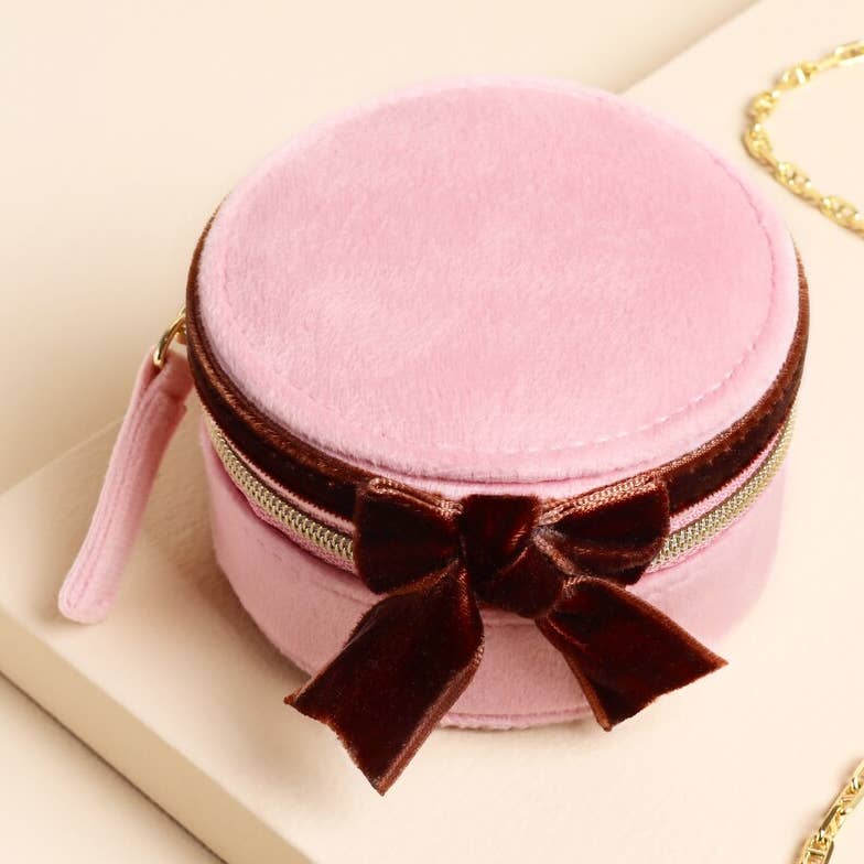 GIFT Pink and Burgundy Velvet Bow Mini Round Jewelry