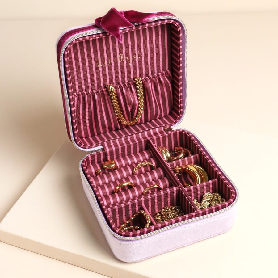 GIFT Pink and Burgundy Velvet Bow Square Travel Jewelry