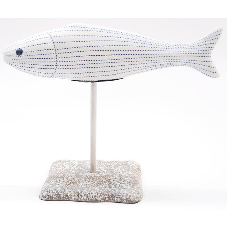 GIFT Porcelain Ceramic Adrians Fish Sculpture - White with Blue Dash Lines