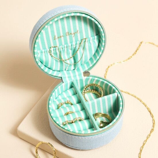 GIFT Sky Blue Round Linen Travel Round Jewelry Case