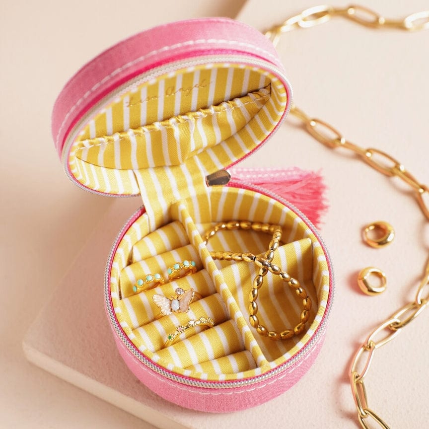 GIFT Strawberry Pink Embroidered Travel Round Jewelry Case