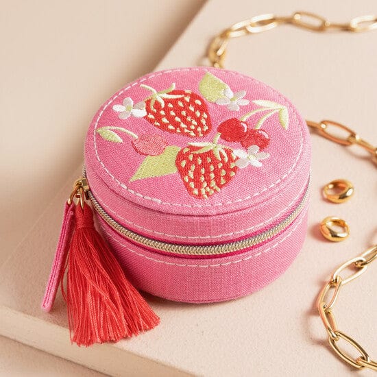 GIFT Strawberry Pink Embroidered Travel Round Jewelry Case