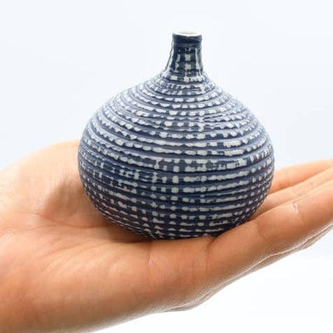 Load image into Gallery viewer, GIFT Tiny Congo Porcelain Bud Vase - Blue &amp;amp; White Lines
