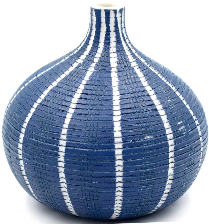 GIFT Tiny Congo Porcelain Bud Vase - Blue with White Vertical Lines