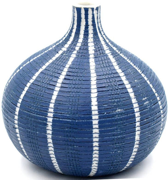 Load image into Gallery viewer, GIFT Tiny Congo Porcelain Bud Vase - Blue with White Vertical Lines
