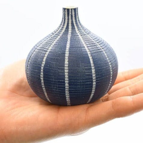 GIFT Tiny Congo Porcelain Bud Vase - Blue with White Vertical Lines