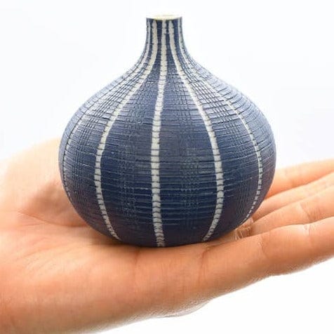 Load image into Gallery viewer, GIFT Tiny Congo Porcelain Bud Vase - Blue with White Vertical Lines
