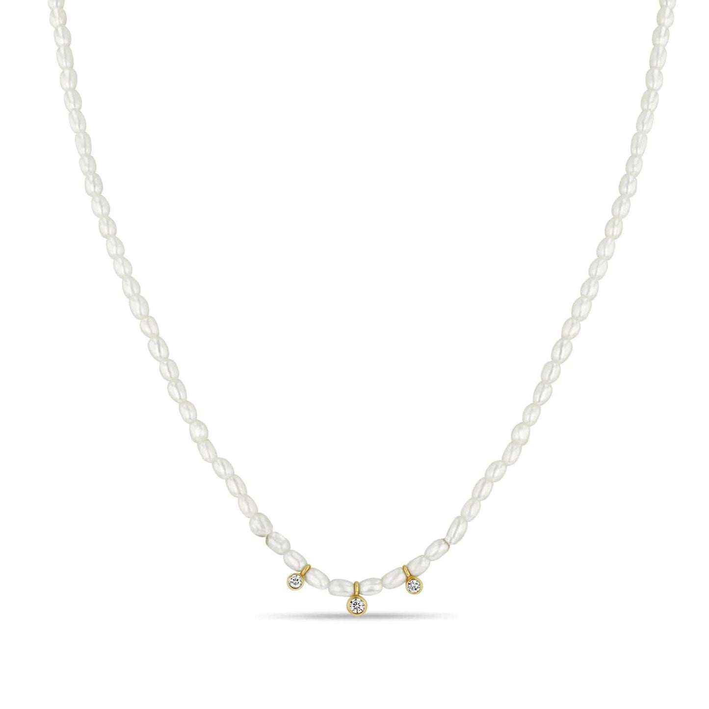 NKL-14K 14k 3 Graduated Diamond Bezel Rice Pearl Necklace