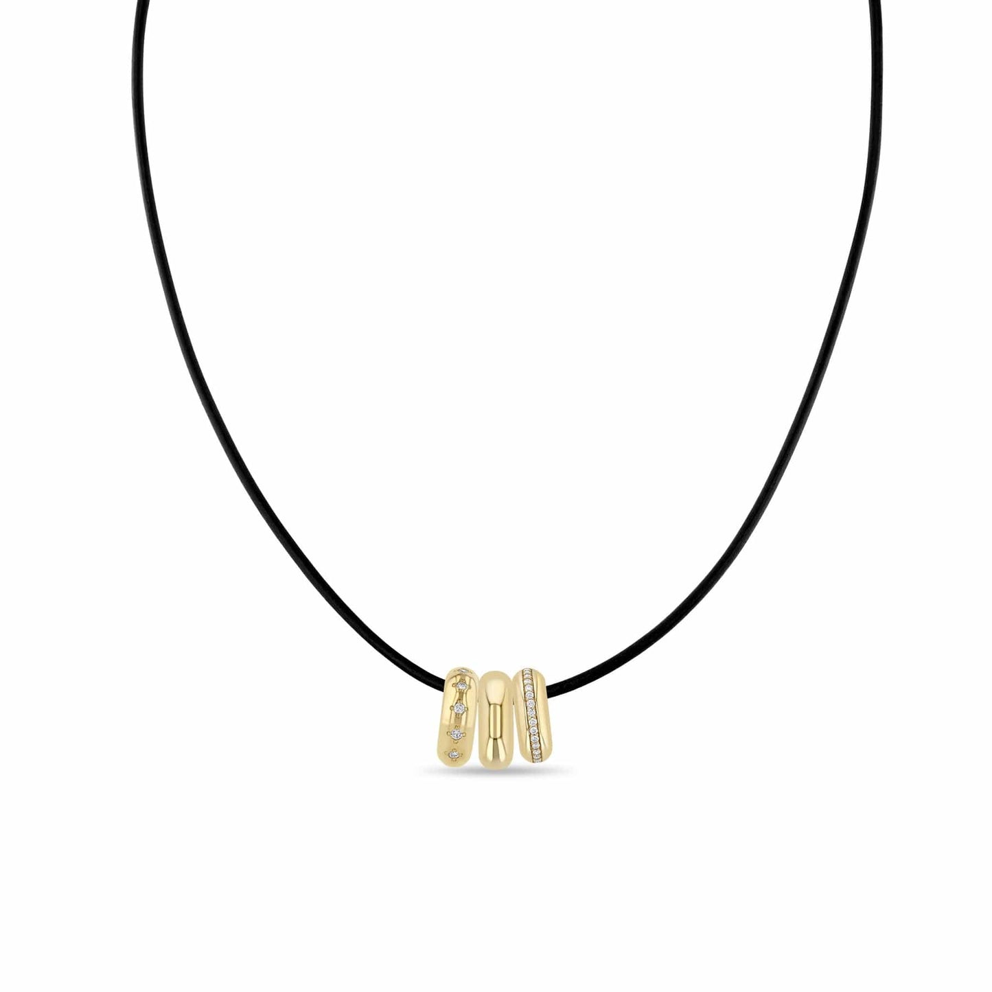 NKL-14K 14k 3 Mixed Half Round Slide Bead Leather Cord Necklace