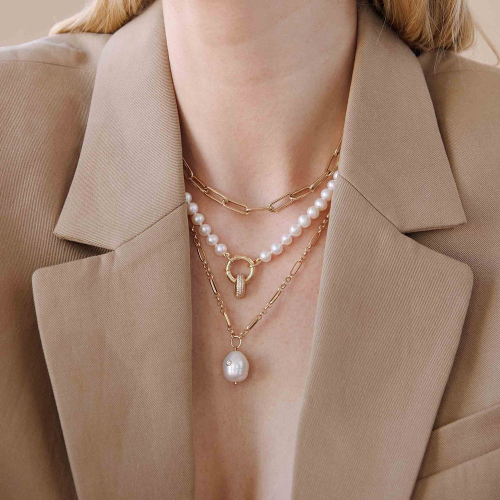 NKL-14K 14k Diamond Baroque Pearl Paperclip Rolo Chain Necklace