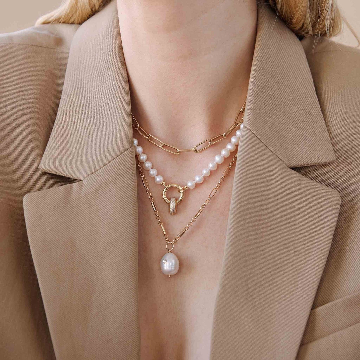 NKL-14K 14k Diamond Baroque Pearl Paperclip Rolo Chain Necklace
