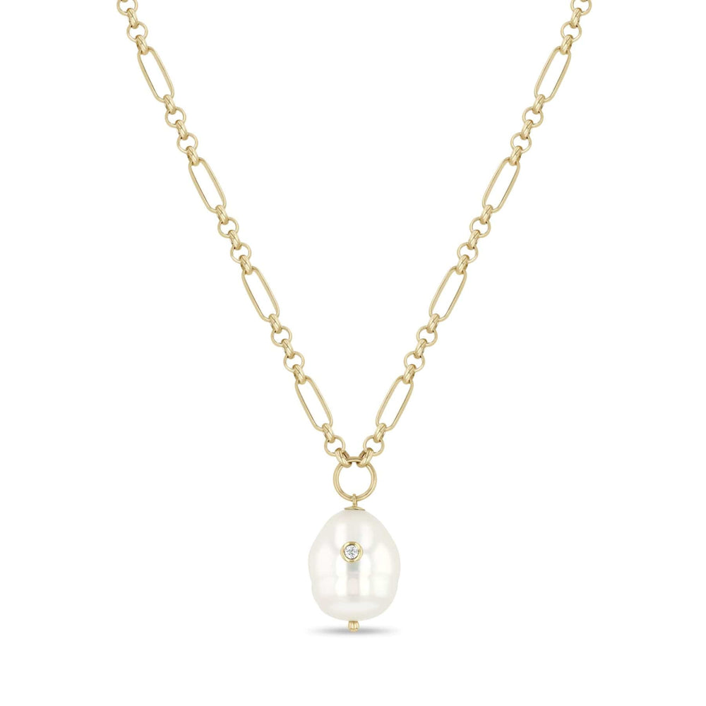NKL-14K 14k Diamond Baroque Pearl Paperclip Rolo Chain Necklace