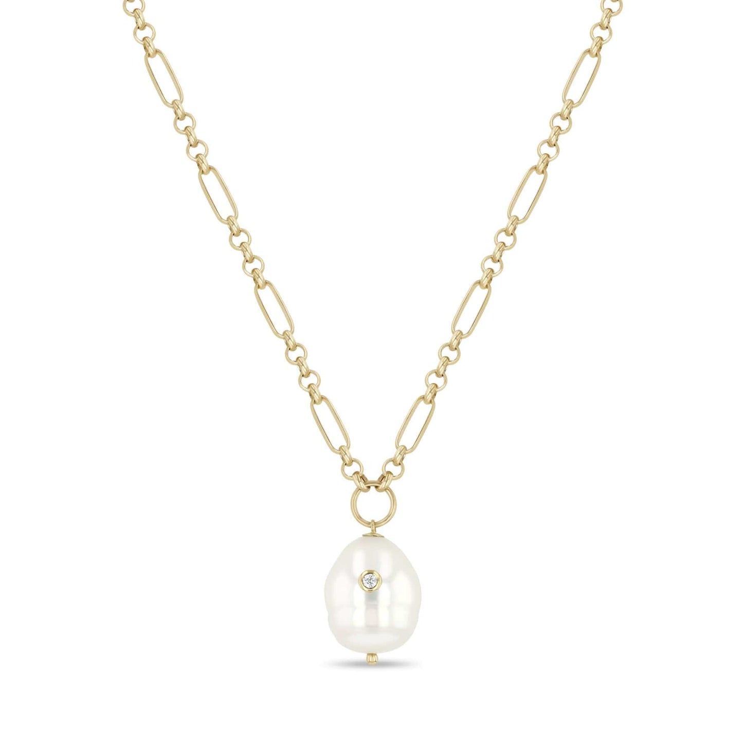 NKL-14K 14k Diamond Baroque Pearl Paperclip Rolo Chain Necklace
