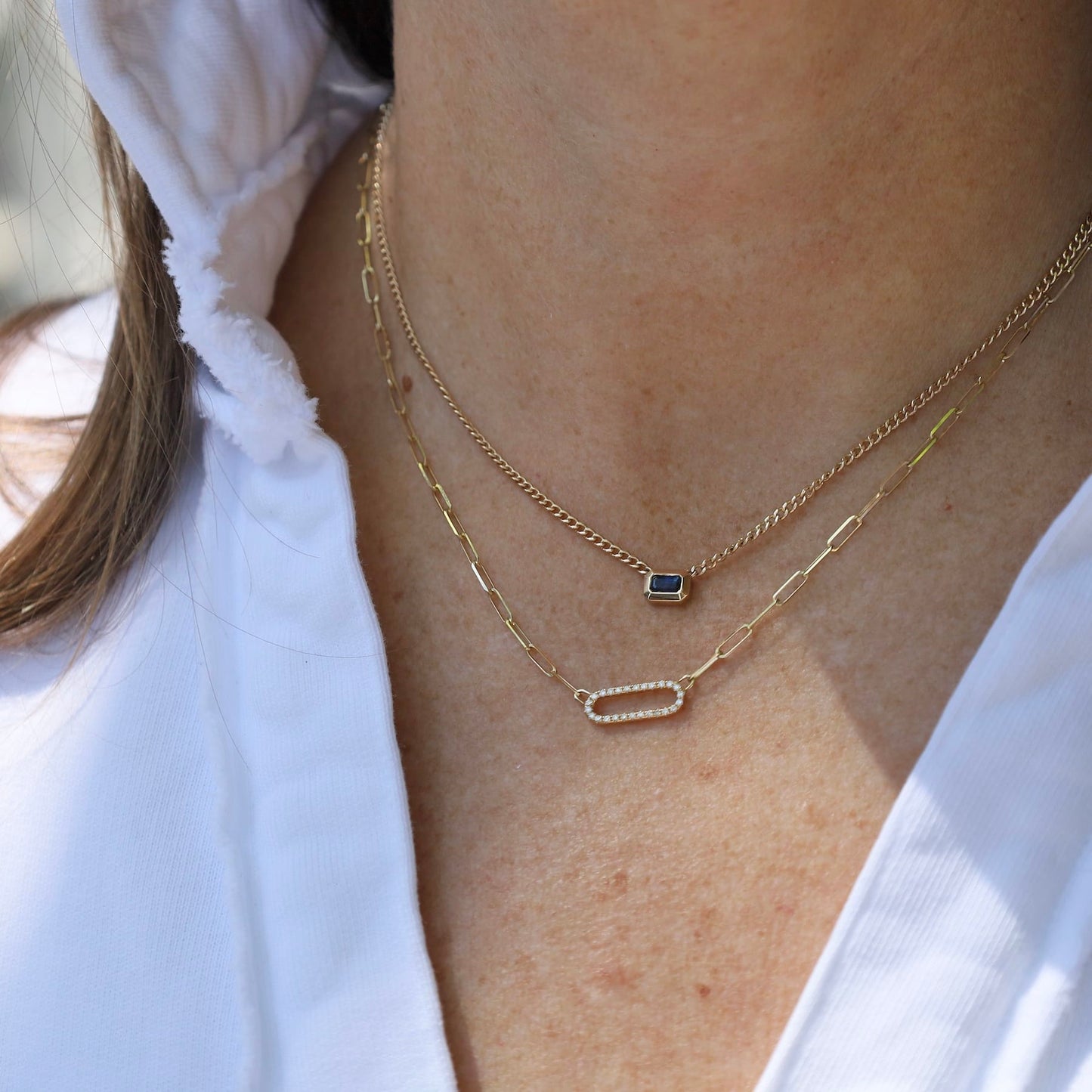 NKL-14K 14k Emerald Cut Blue Sapphire Bezel Curb Chain Necklace