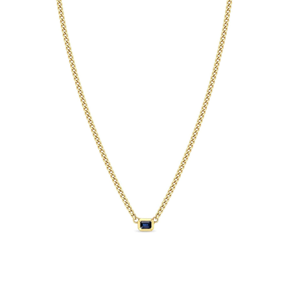 NKL-14K 14k Emerald Cut Blue Sapphire Bezel xs Curb Chain