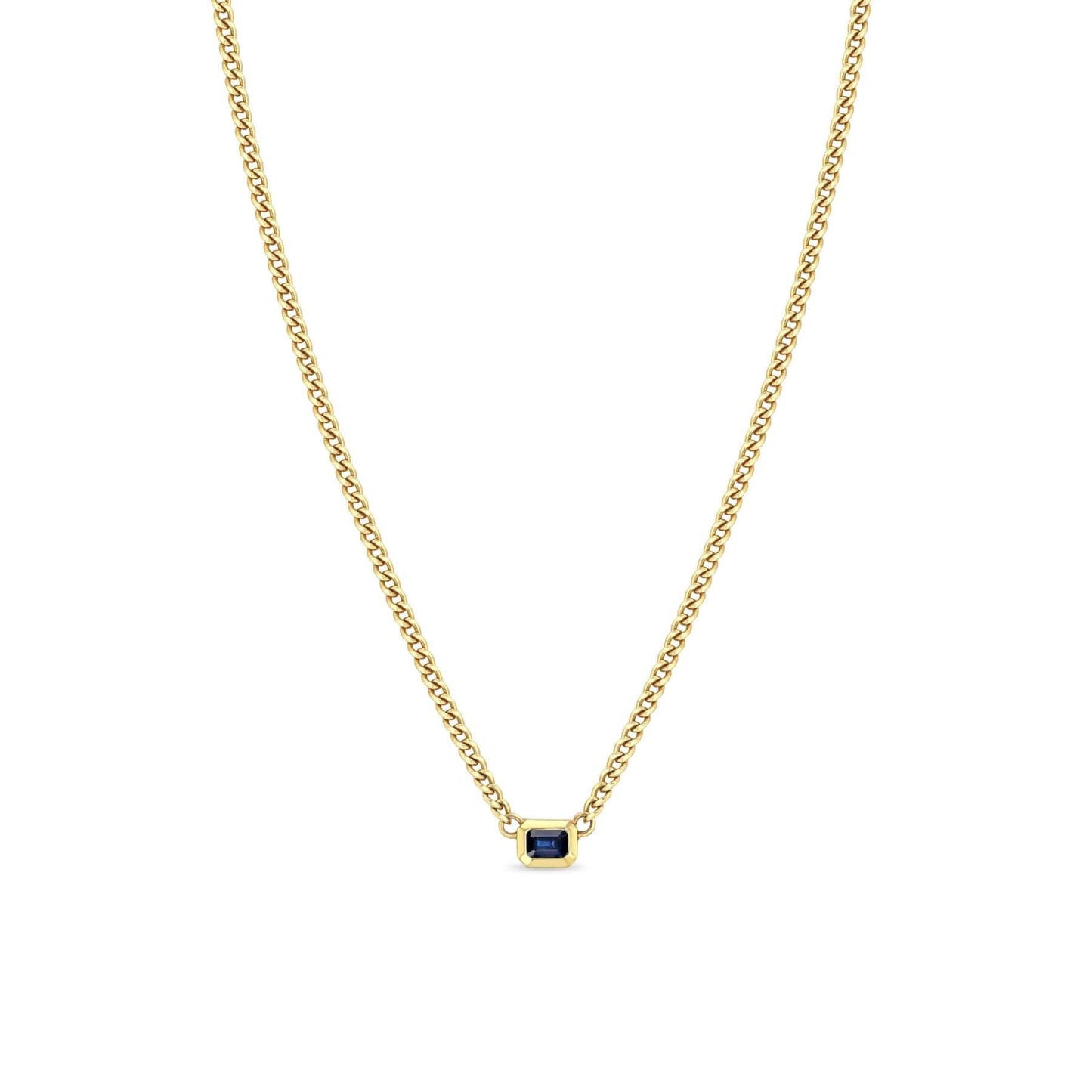 NKL-14K 14k Emerald Cut Blue Sapphire Bezel xs Curb Chain