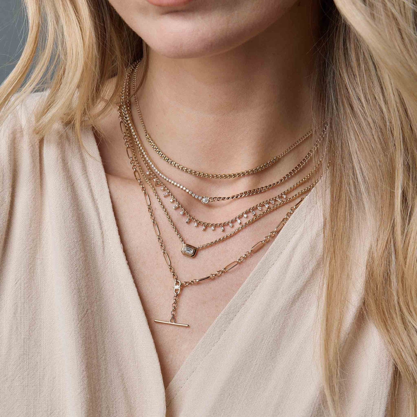 NKL-14K 14k Emerald Cut Diamond Small Box Chain Necklace