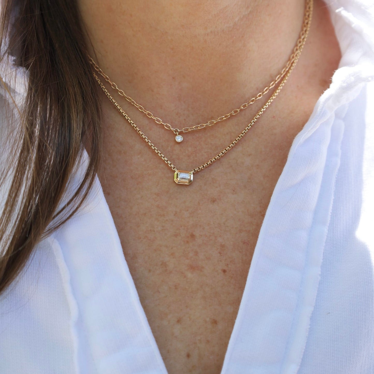 NKL-14K 14k Emerald Cut Diamond Small Box Chain Necklace