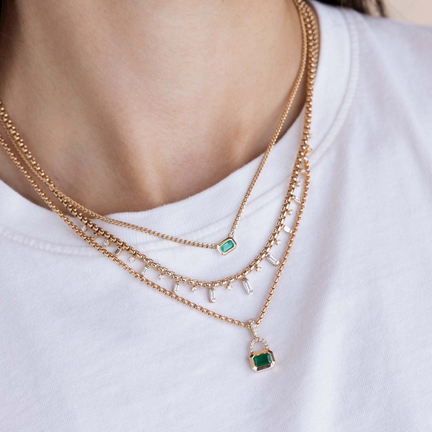 NKL-14K 14k Emerald Cut Emerald & Pavé Diamond Bail Box Chain Pendant Necklace