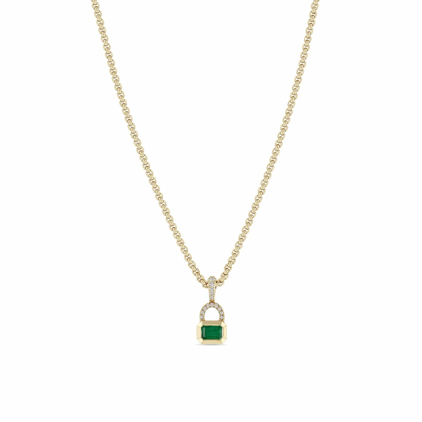 NKL-14K 14k Emerald Cut Emerald & Pavé Diamond Bail Box Chain Pendant Necklace