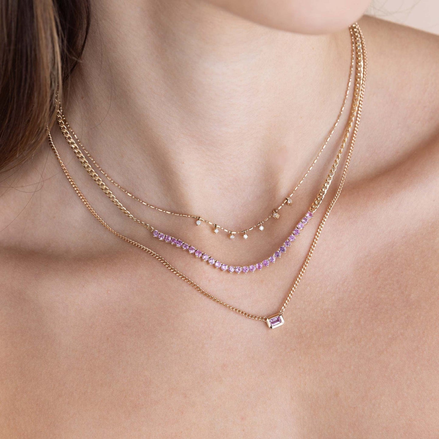 NKL-14K 14k Emerald Cut Pink Sapphire Bezel Curb Chain Necklace