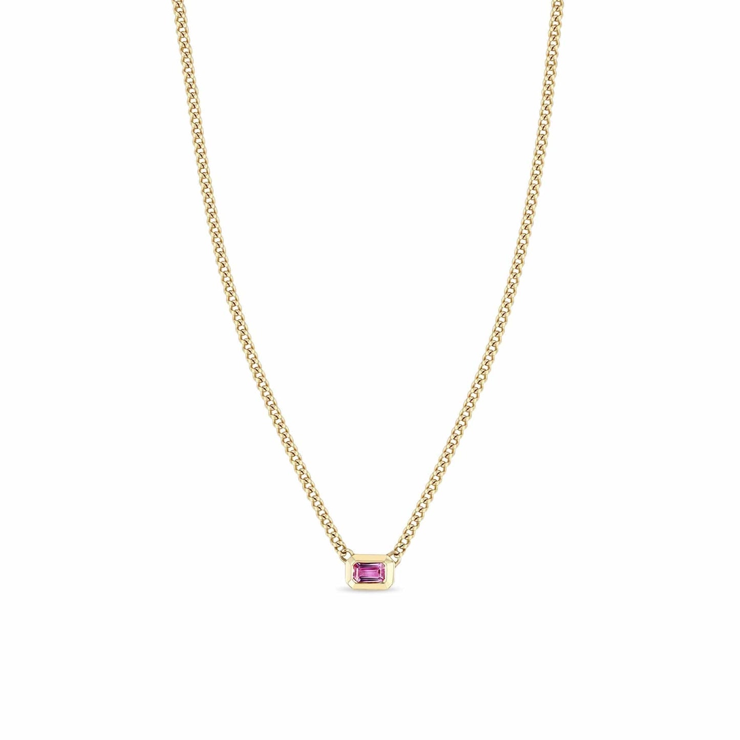 NKL-14K 14k Emerald Cut Pink Sapphire Bezel Curb Chain Necklace