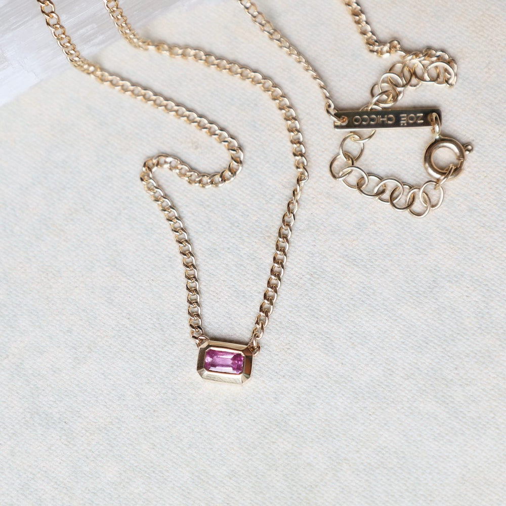 
                      
                        NKL-14K 14k Emerald Cut Pink Sapphire Bezel Curb Chain Necklace
                      
                    