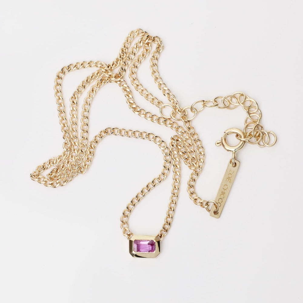 
                      
                        NKL-14K 14k Emerald Cut Pink Sapphire Bezel xs Curb Chain
                      
                    