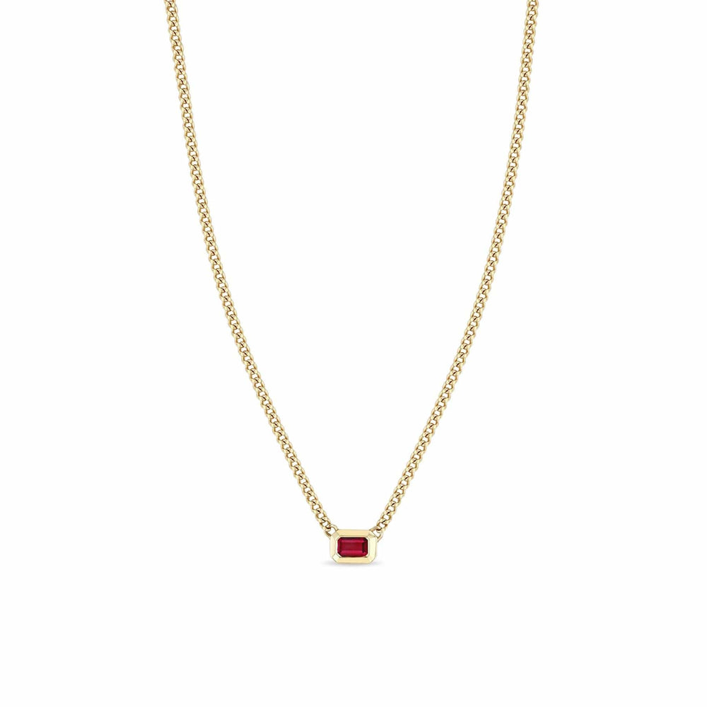 NKL-14K 14k Emerald Cut Ruby Bezel XS Curb Chain Necklace