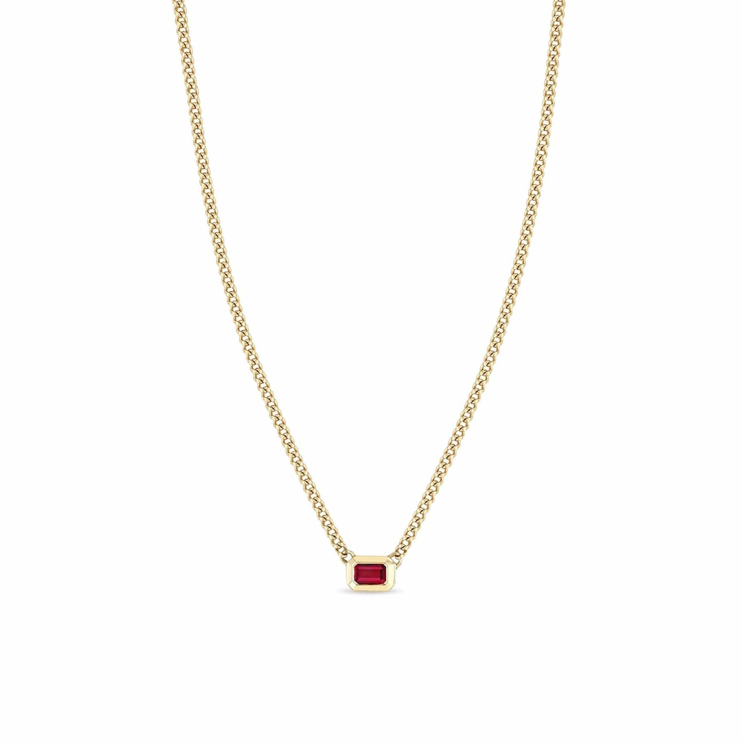 NKL-14K 14k Emerald Cut Ruby Bezel XS Curb Chain Necklace