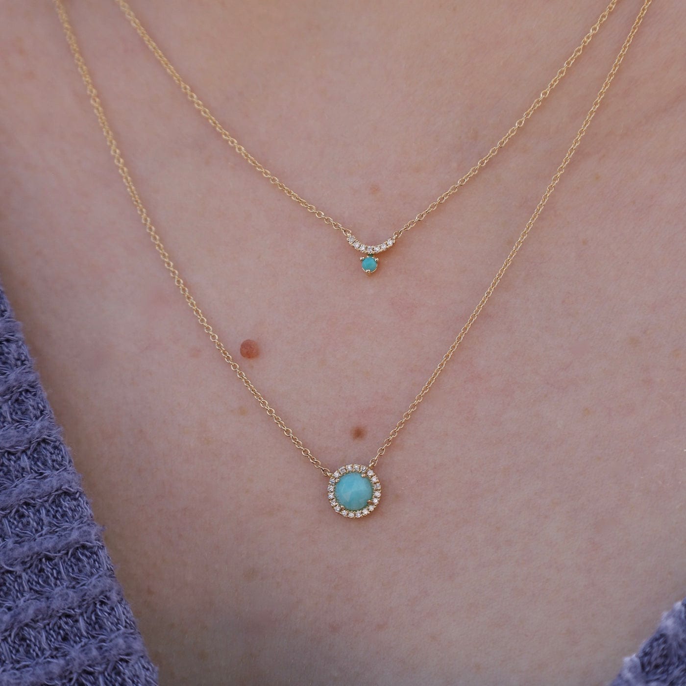 NKL-14K 14k Gold 5mm Rose Cut Amazonite with White Diamond Halo Necklace