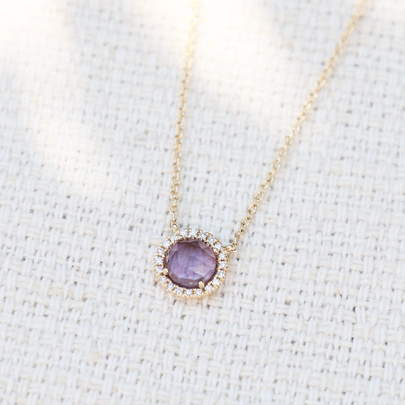 NKL-14K 14k Gold 5mm Rose Cut Amethyst with White Diamond Halo Necklace