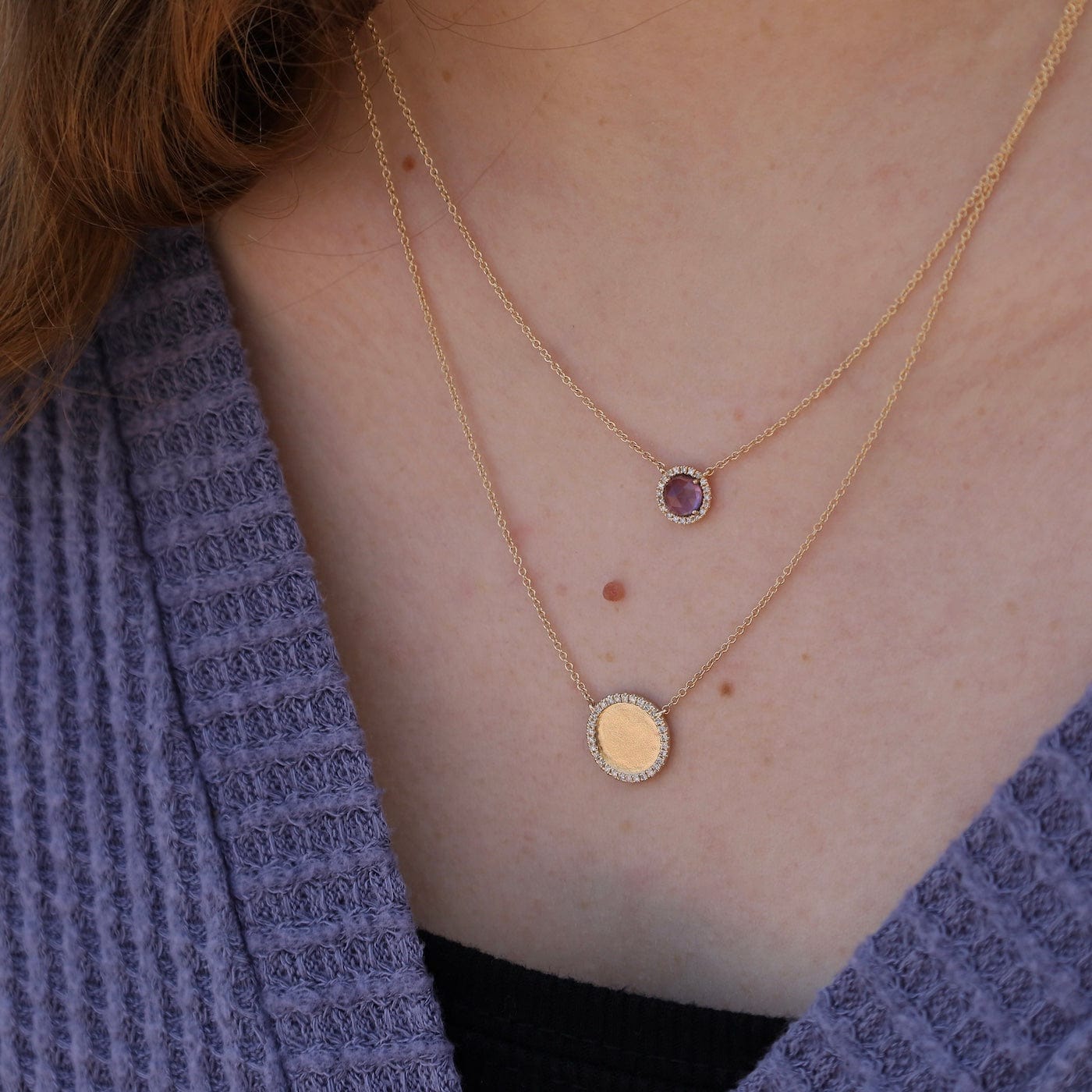 NKL-14K 14k Gold 5mm Rose Cut Amethyst with White Diamond Halo Necklace