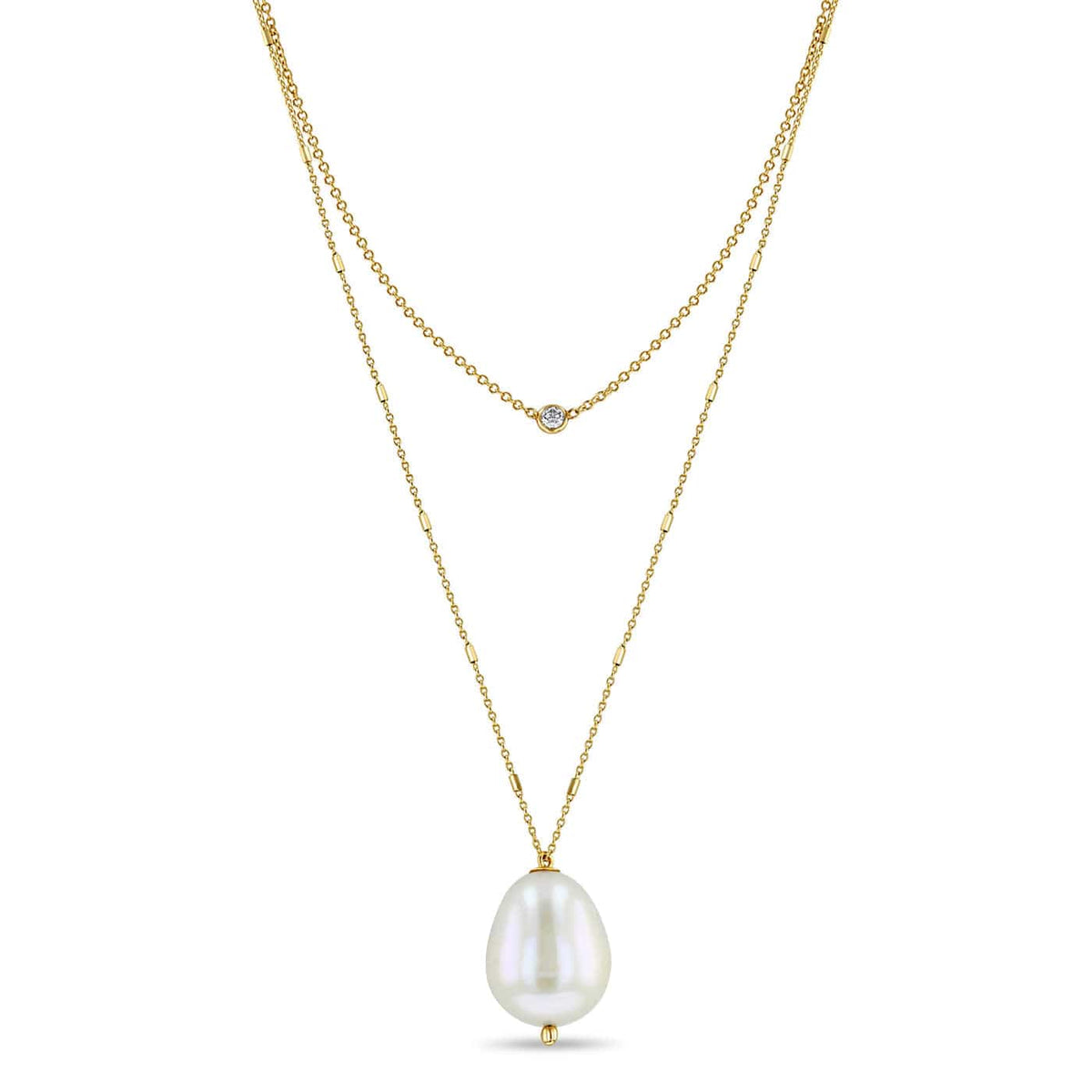 14k Gold Double Chain Necklace with Diamond & Baroque Pearl – Dandelion ...