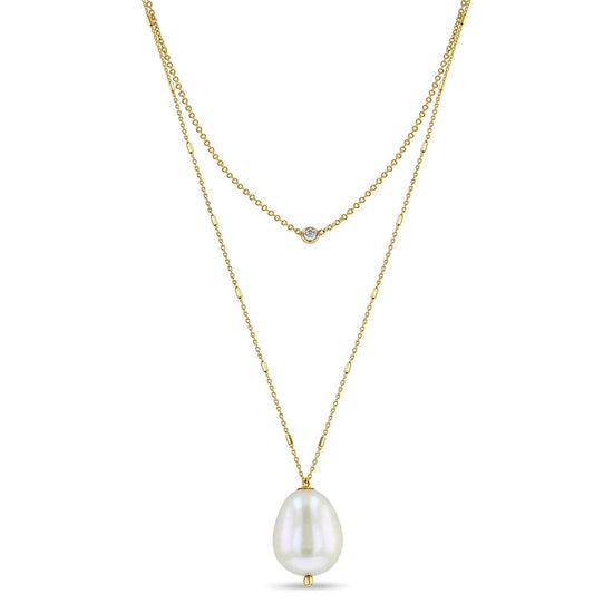 NKL-14K 14k Gold Double Chain Necklace with Diamond & Baroque Pearl