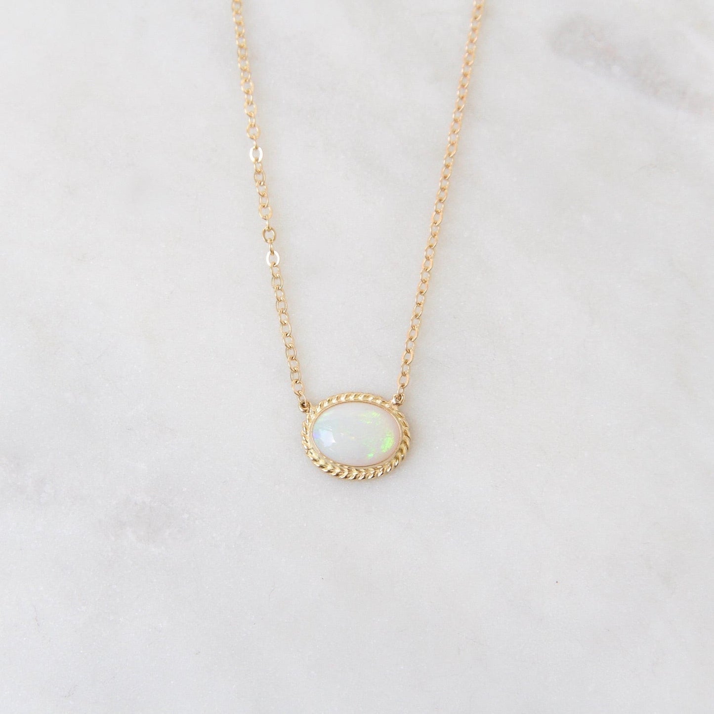 NKL-14K 14k Gold East West Bezel Set Opal Necklace