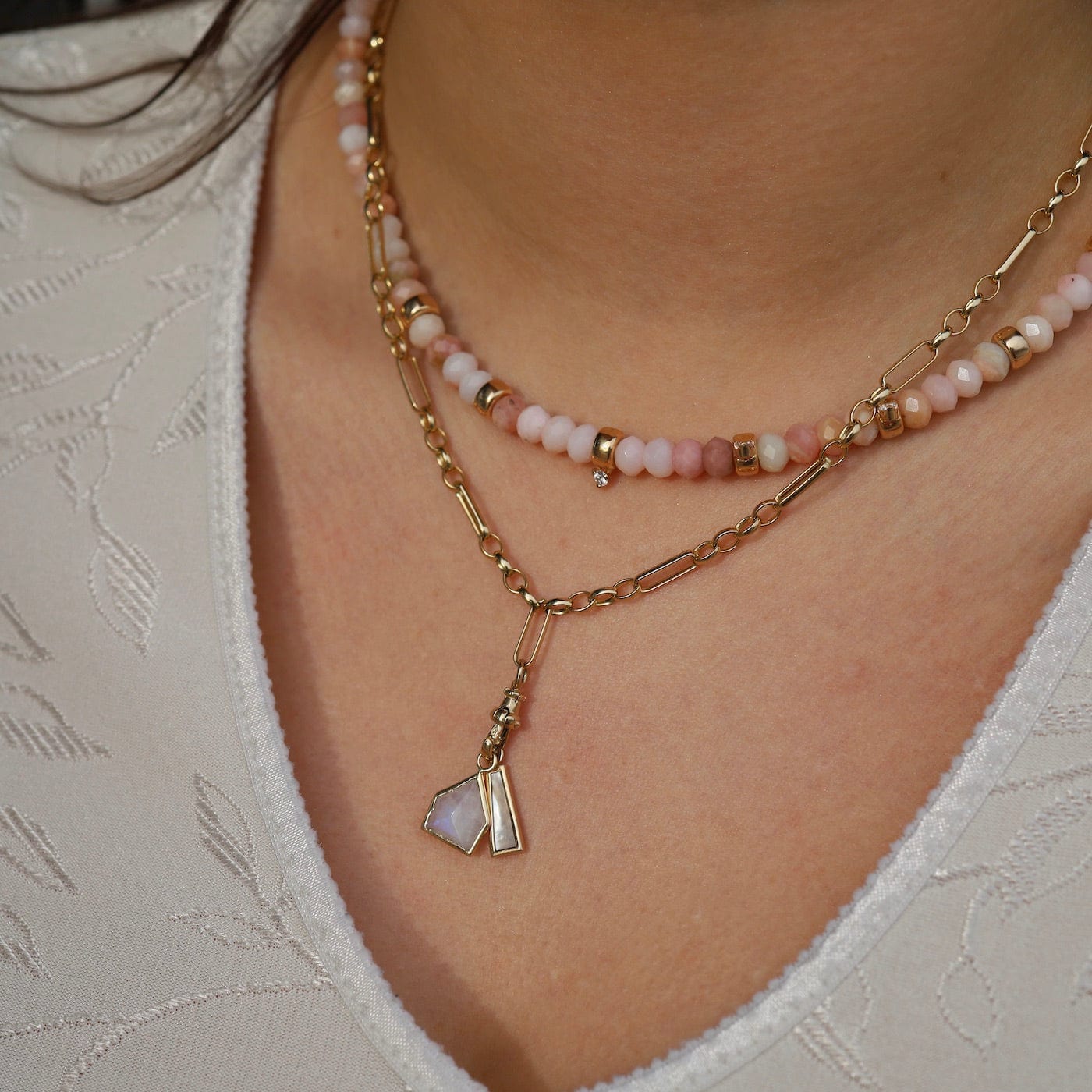 Load image into Gallery viewer, NKL-14K 14k Gold &amp;amp; Faceted Pink Opal Rondelle Bead Necklace
