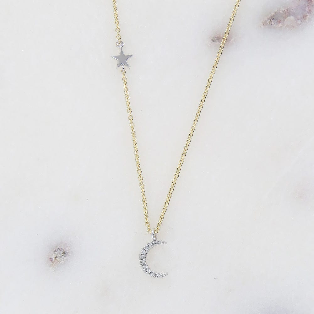 NKL-14K 14k Gold Mini Diamond Star & Moon Necklace