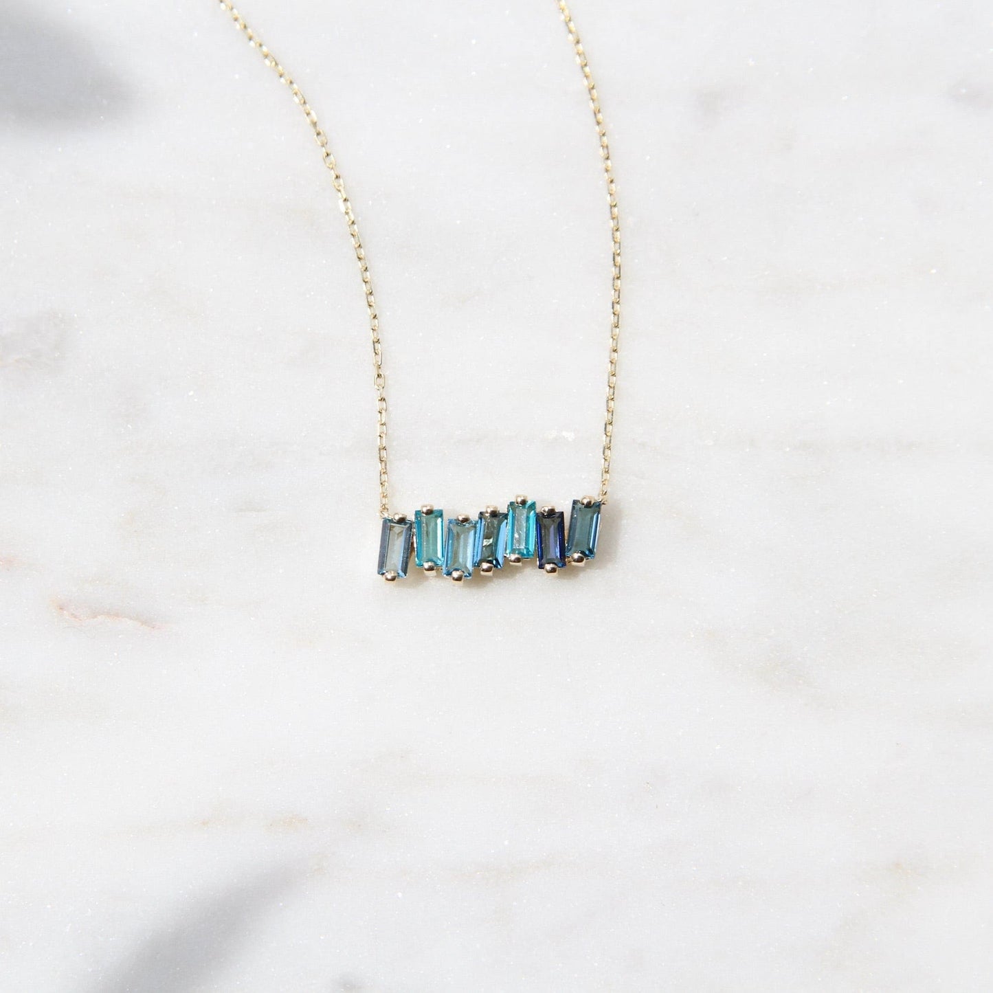 NKL-14K 14k Gold Mixed Blue Baguette Bar Necklace