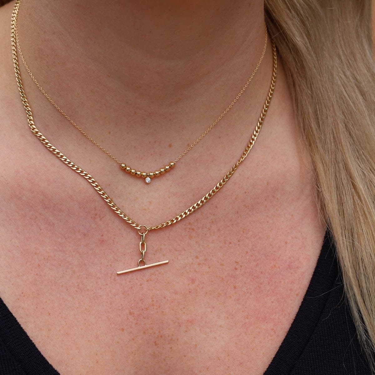NKL-14K 14k Gold Mixed Small Curb Chain Faux Toggle Lariat