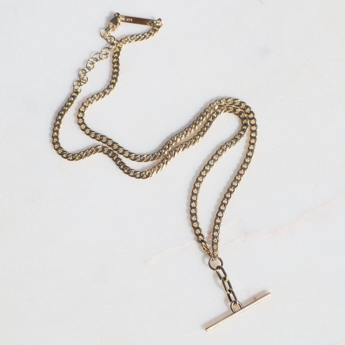 NKL-14K 14k Gold Mixed Small Curb Chain Faux Toggle Lariat